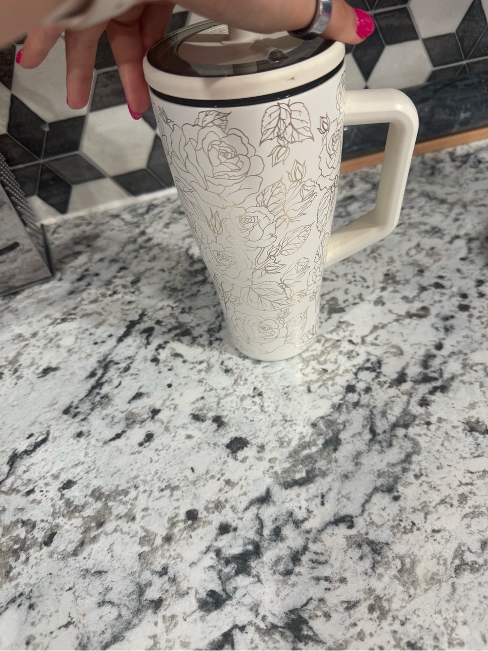 Brumate White Floral Insulated Travel Mug with Handle - Picture 6 of 7